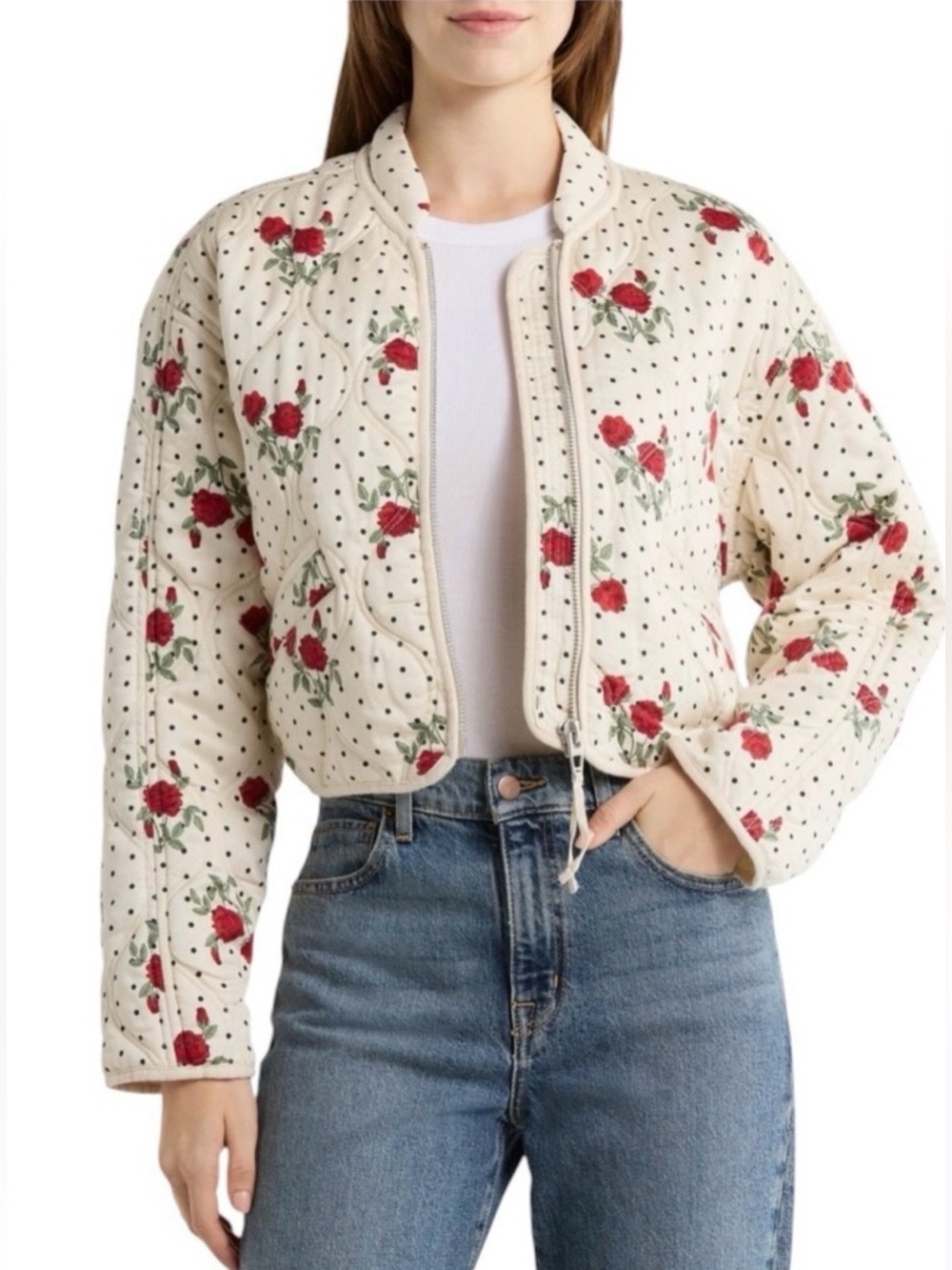 Blank NYC Cream Quilted Bomber Jacket with Red Rose Print